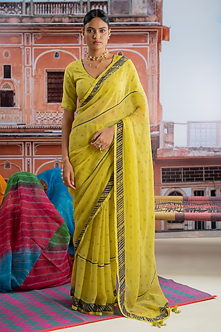 Lime Yellow Chiffon Polka Dot Printed Saree Set by Baise Gaba