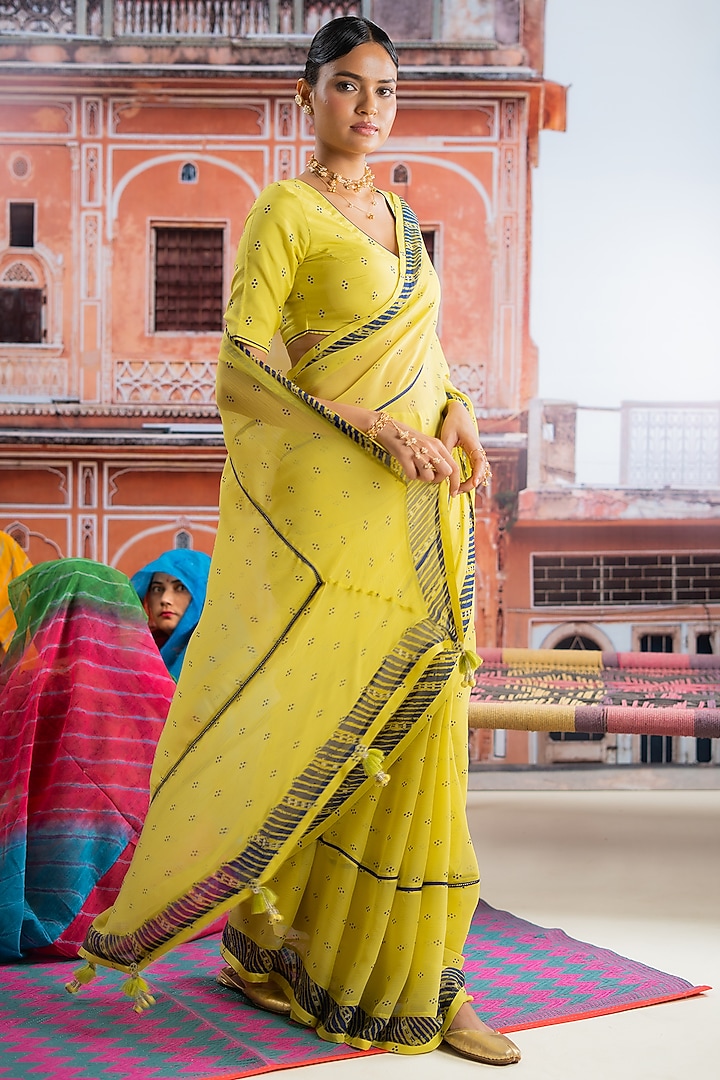 Lime Yellow Chiffon Polka Dot Printed Festive Saree Set by Baise Gaba at Pernia's Pop Up Shop