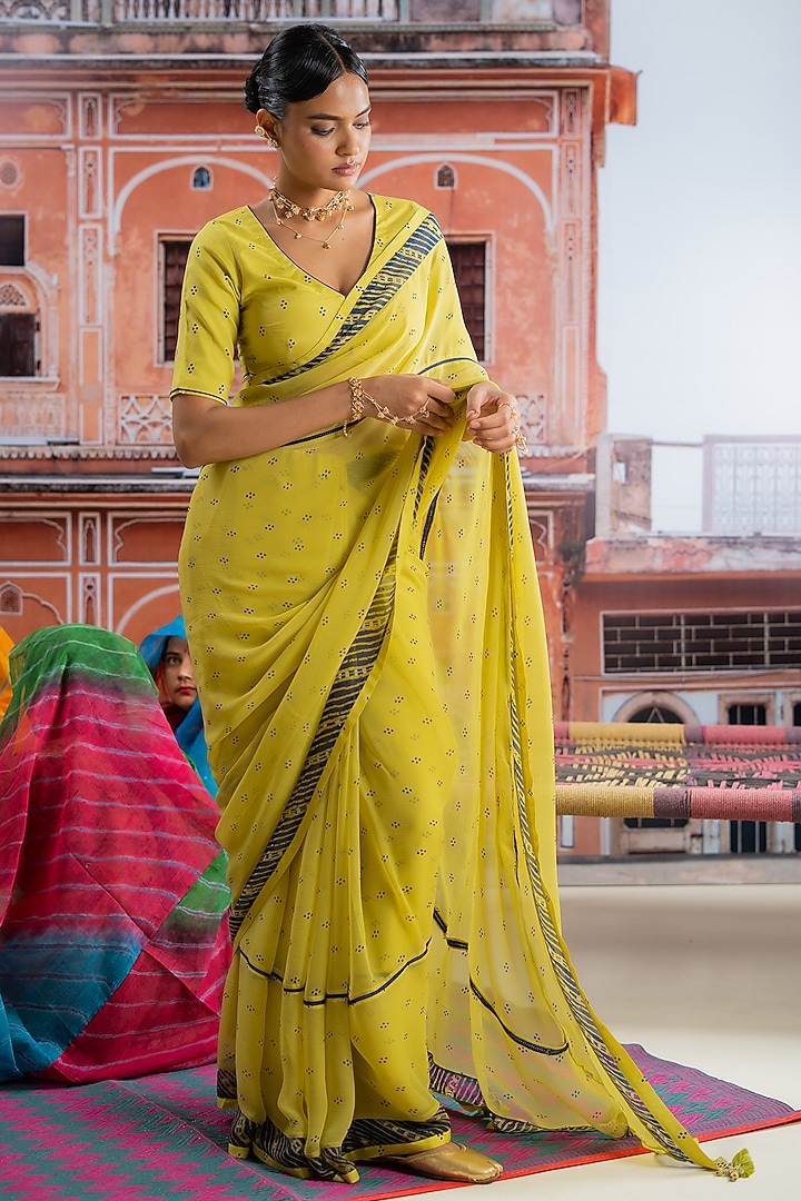 Lime Yellow Chiffon Polka Dot Printed Festive Saree Set by Baise Gaba at Pernia's Pop Up Shop