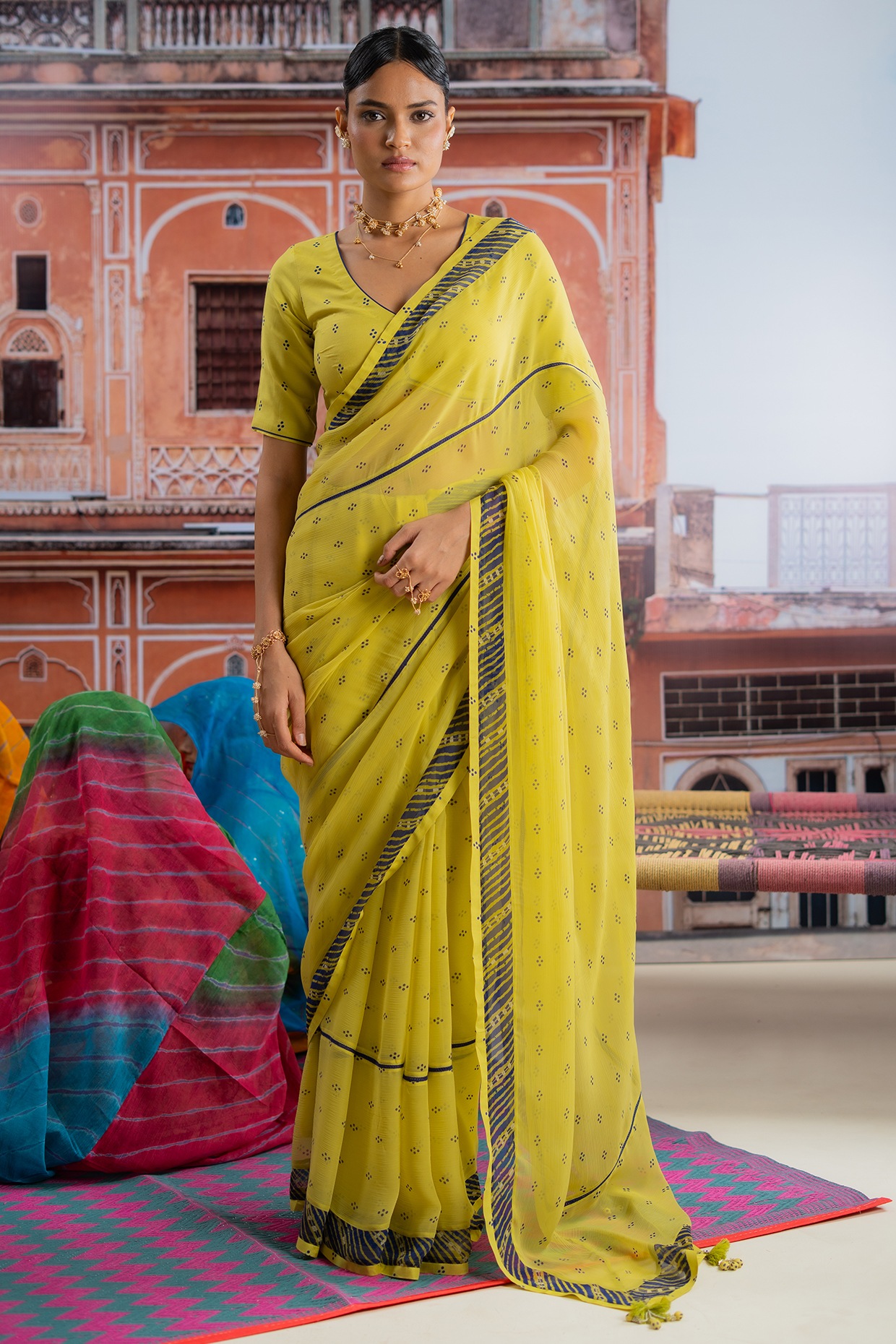 Baise Gaba Lime Yellow Chiffon Polka Dot Printed Saree Set