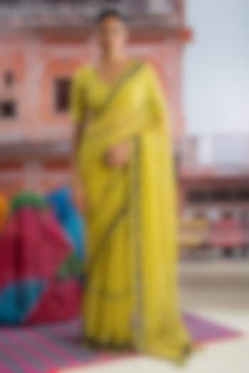 Lime Yellow Chiffon Polka Dot Printed Festive Saree Set by Baise Gaba at Pernia's Pop Up Shop