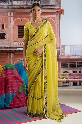 Lime Yellow Chiffon Polka Dot Printed Saree Set by Baise Gaba