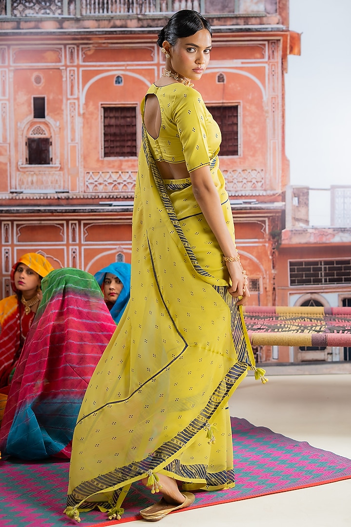 Lime Yellow Chiffon Polka Dot Printed Festive Saree Set by Baise Gaba at Pernia's Pop Up Shop