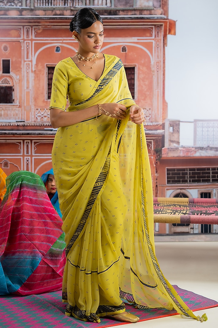 Lime Yellow Chiffon Polka Dot Printed Festive Saree Set by Baise Gaba at Pernia's Pop Up Shop