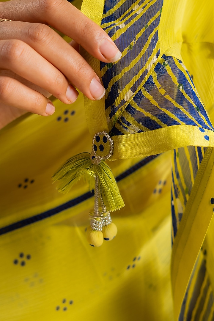 Lime Yellow Chiffon Polka Dot Printed Festive Saree Set by Baise Gaba at Pernia's Pop Up Shop