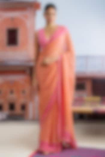 Fuchsia Pink Chiffon Polka Dot Printed Festive Saree Set by Baise Gaba at Pernia's Pop Up Shop