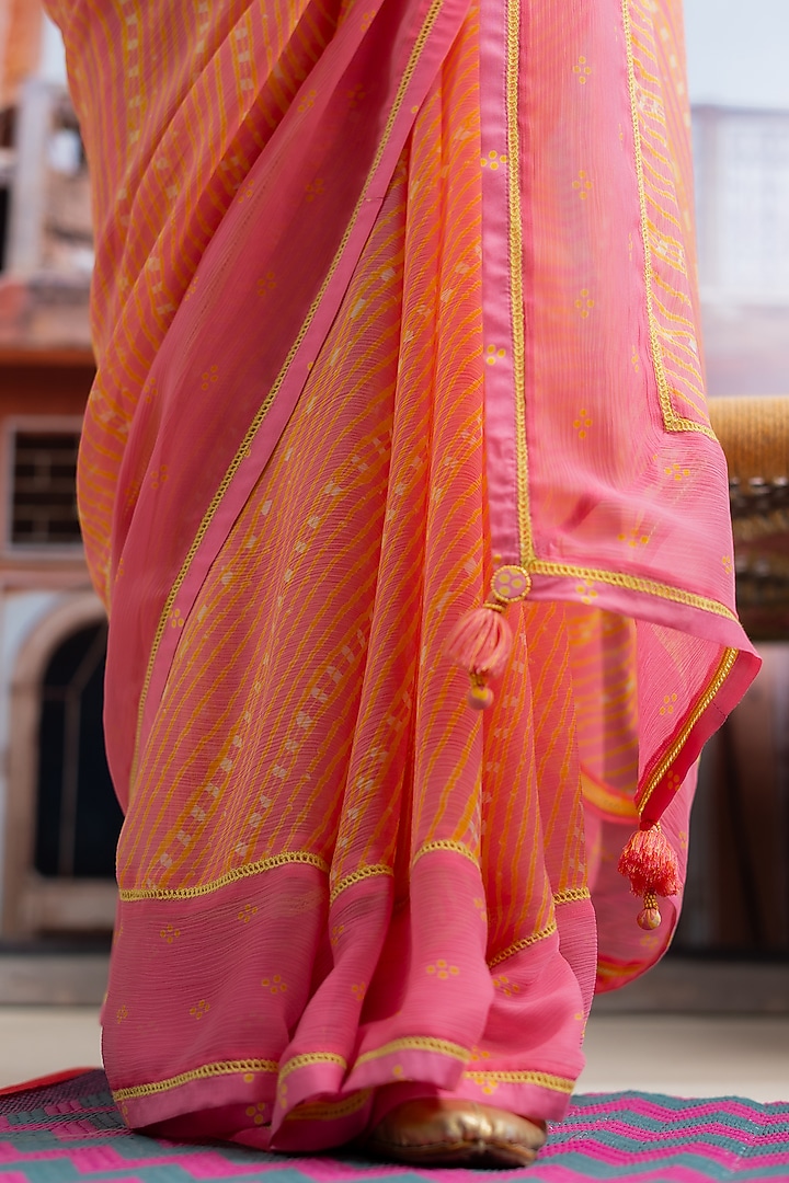 Fuchsia Pink Chiffon Polka Dot Printed Festive Saree Set by Baise Gaba at Pernia's Pop Up Shop