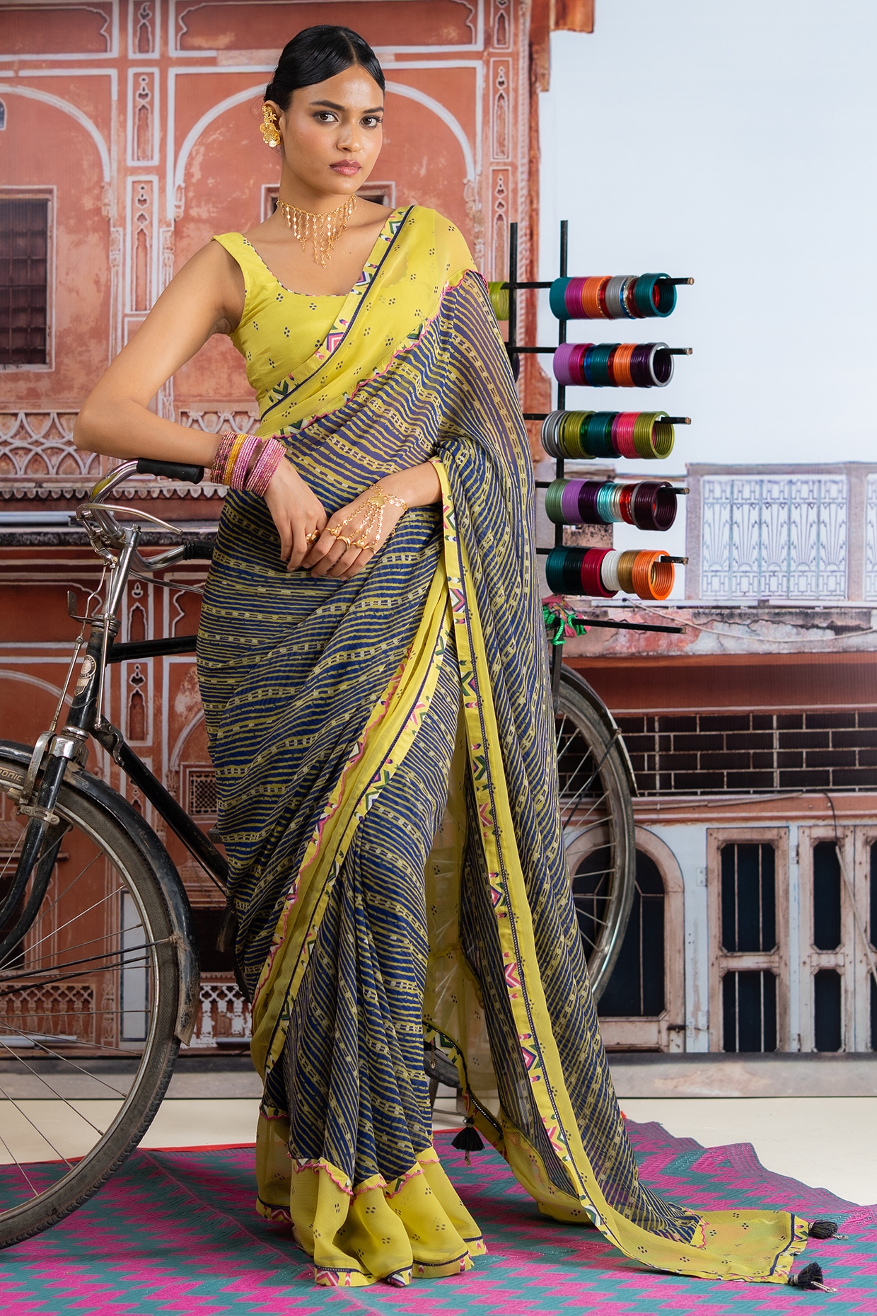 Baise Gaba Dark Blue & Lime Yellow Chiffon Polka Dot Printed Saree Set