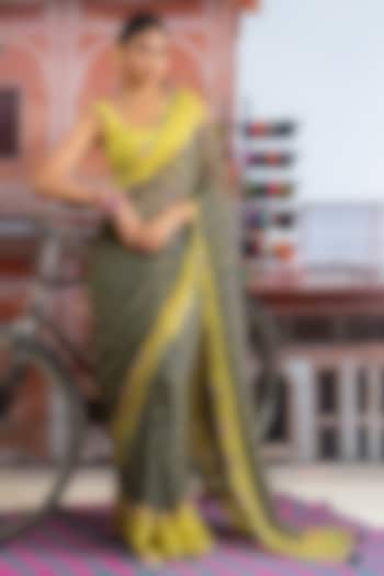Dark Blue & Lime Yellow Chiffon Polka Dot Printed Festive Saree Set by Baise Gaba at Pernia's Pop Up Shop