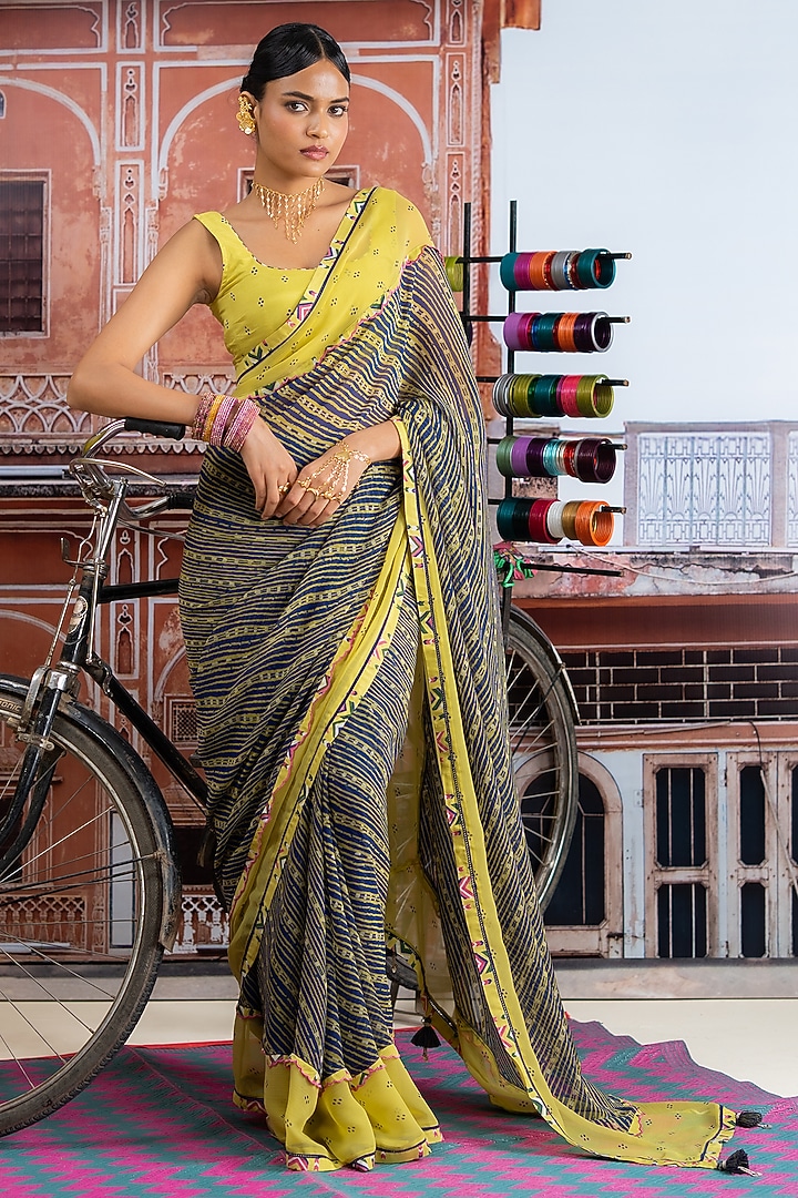 Dark Blue & Lime Yellow Chiffon Polka Dot Printed Festive Saree Set by Baise Gaba at Pernia's Pop Up Shop