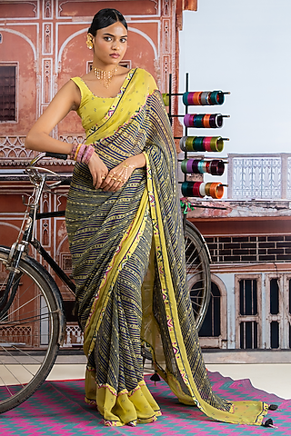 Dark Blue & Lime Yellow Chiffon Polka Dot Printed Saree Set by Baise Gaba