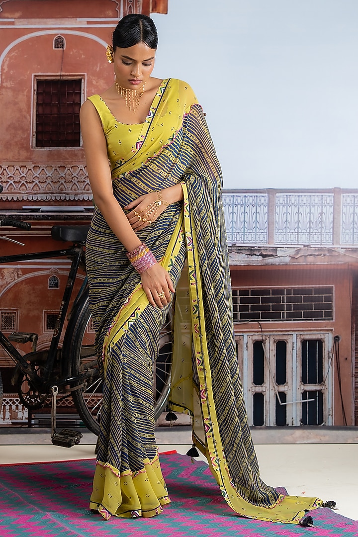 Dark Blue & Lime Yellow Chiffon Polka Dot Printed Festive Saree Set by Baise Gaba at Pernia's Pop Up Shop