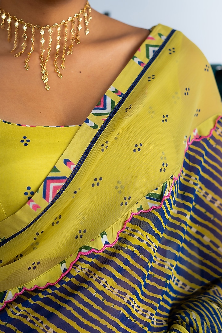 Dark Blue & Lime Yellow Chiffon Polka Dot Printed Festive Saree Set by Baise Gaba at Pernia's Pop Up Shop