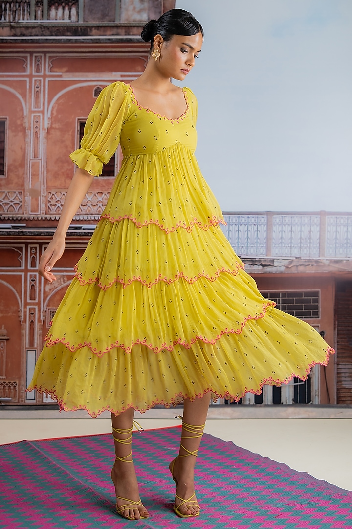 Lime Yellow Chiffon Tiered Midi Summer Dress by Baise Gaba at Pernia's Pop Up Shop