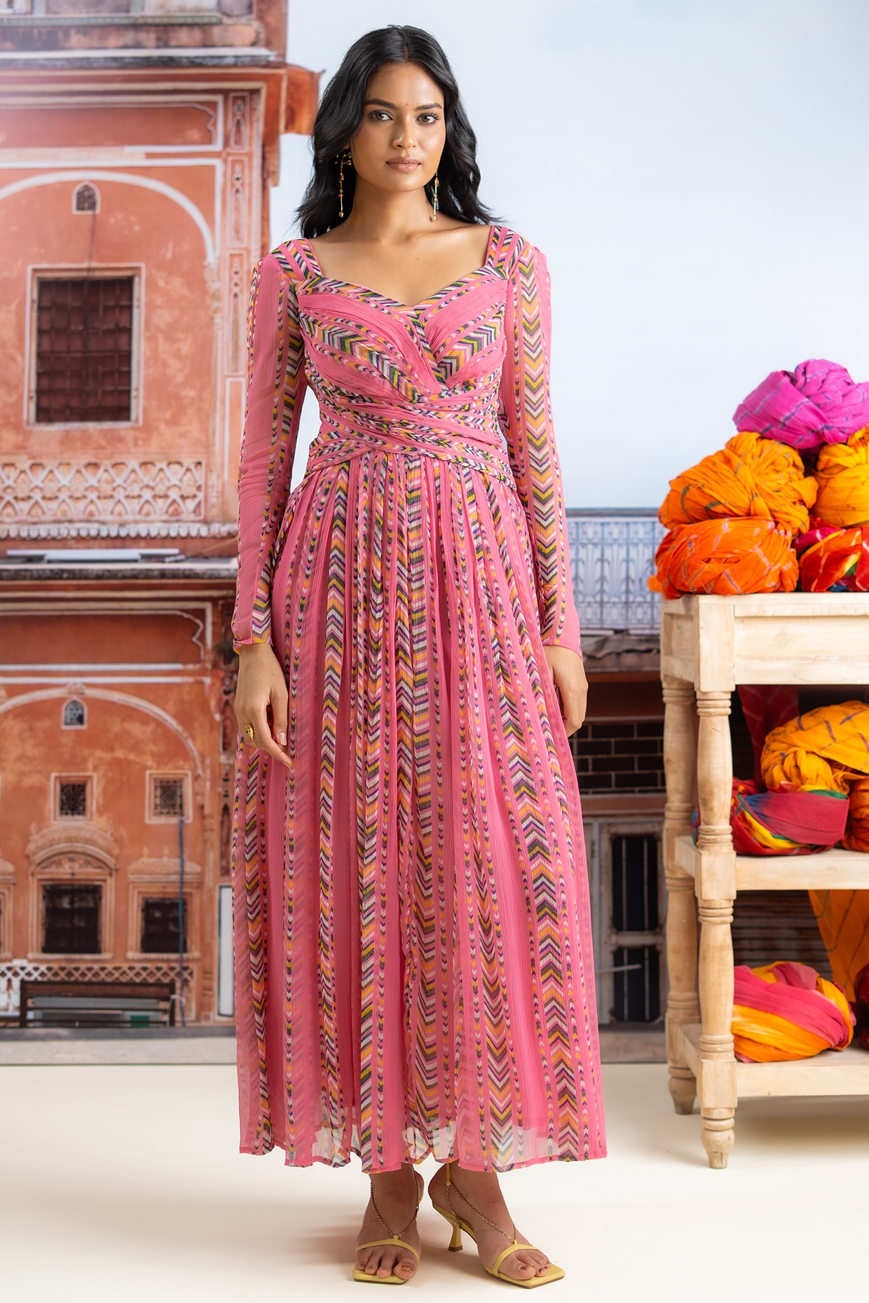 Baise Gaba Fuchsia Pink Chiffon Striped Maxi Dress