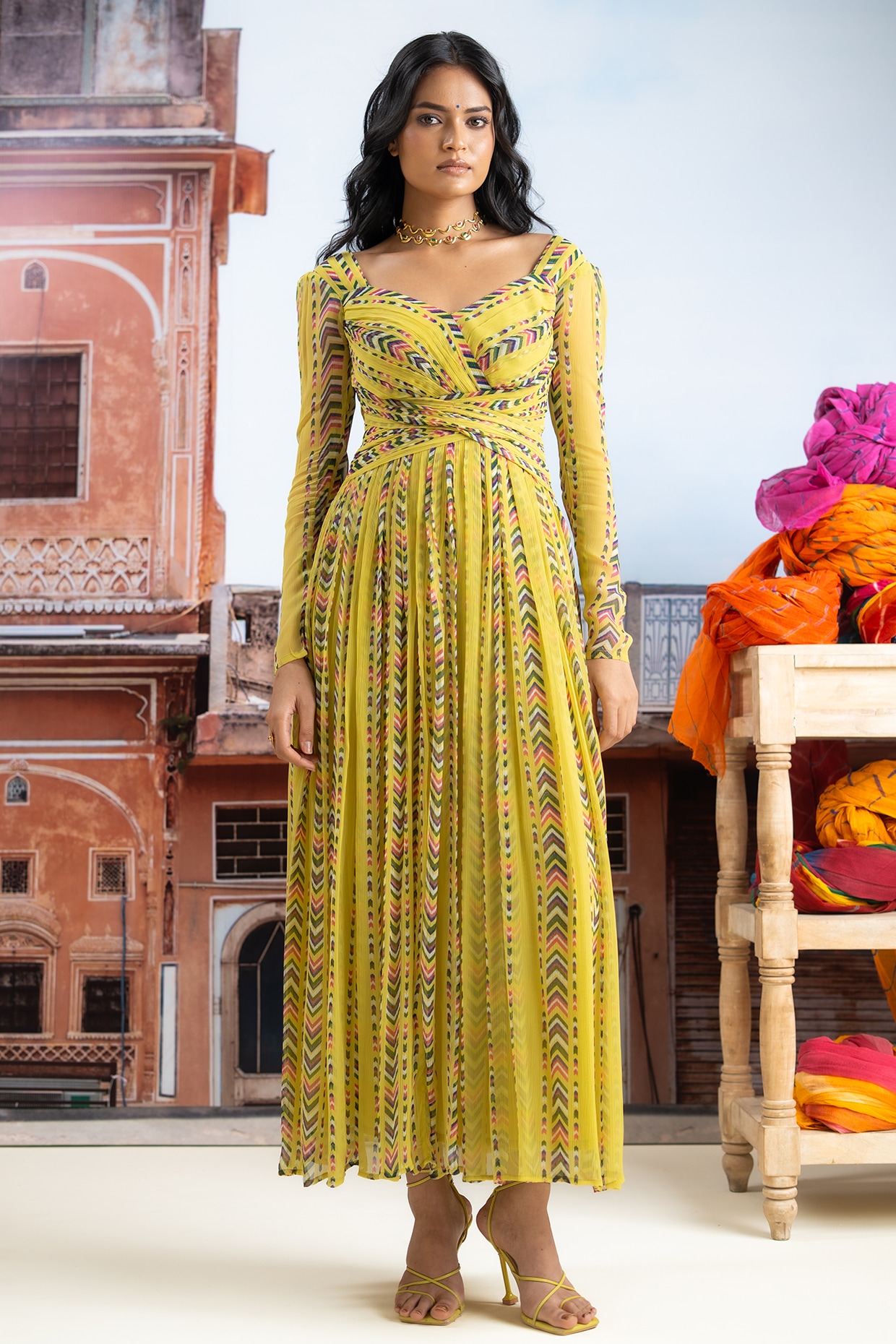 Baise Gaba Lime Yellow Chiffon Striped Maxi Dress