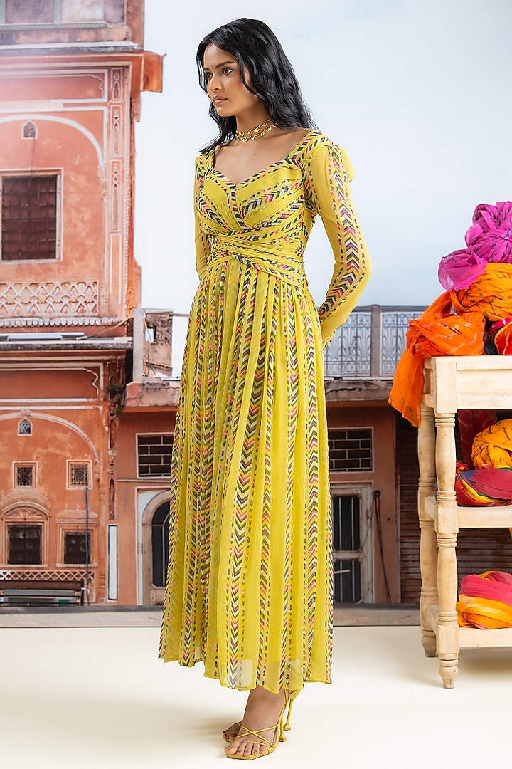 Lime Yellow Chiffon Striped Maxi Summer Dress by Baise Gaba at Pernia's Pop Up Shop