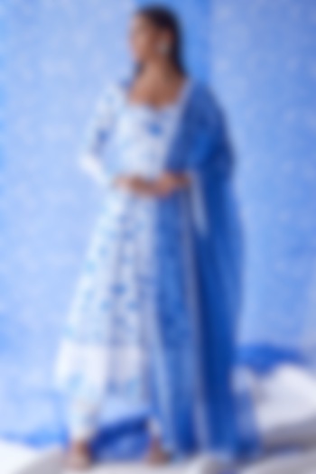 White & Blue Printed Party Wear Anarkali Set by Baise Gaba at Pernia's Pop Up Shop