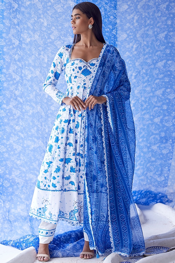 White & Blue Printed Anarkali Set by Baise Gaba