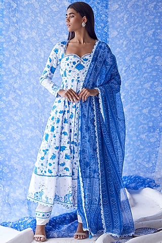 White & Blue Printed Anarkali Set by Baise Gaba
