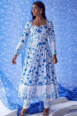 White & Blue Printed Anarkali by Baise Gaba