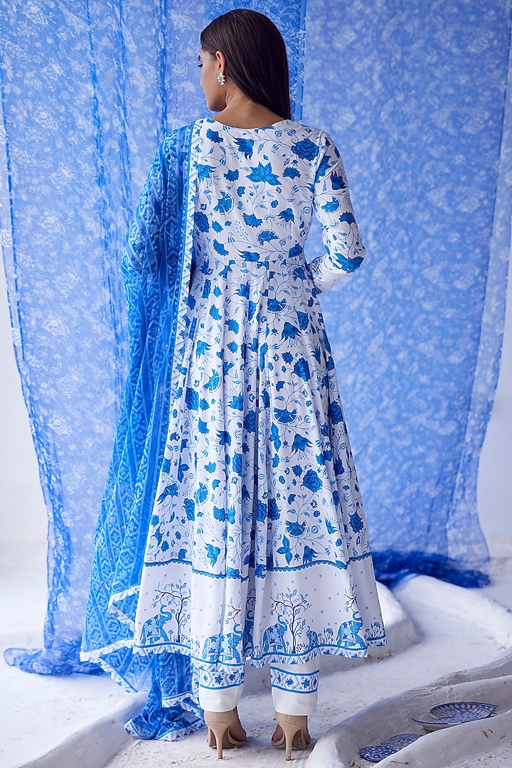 White & Blue Printed Anarkali by Baise Gaba at Pernia's Pop Up Shop