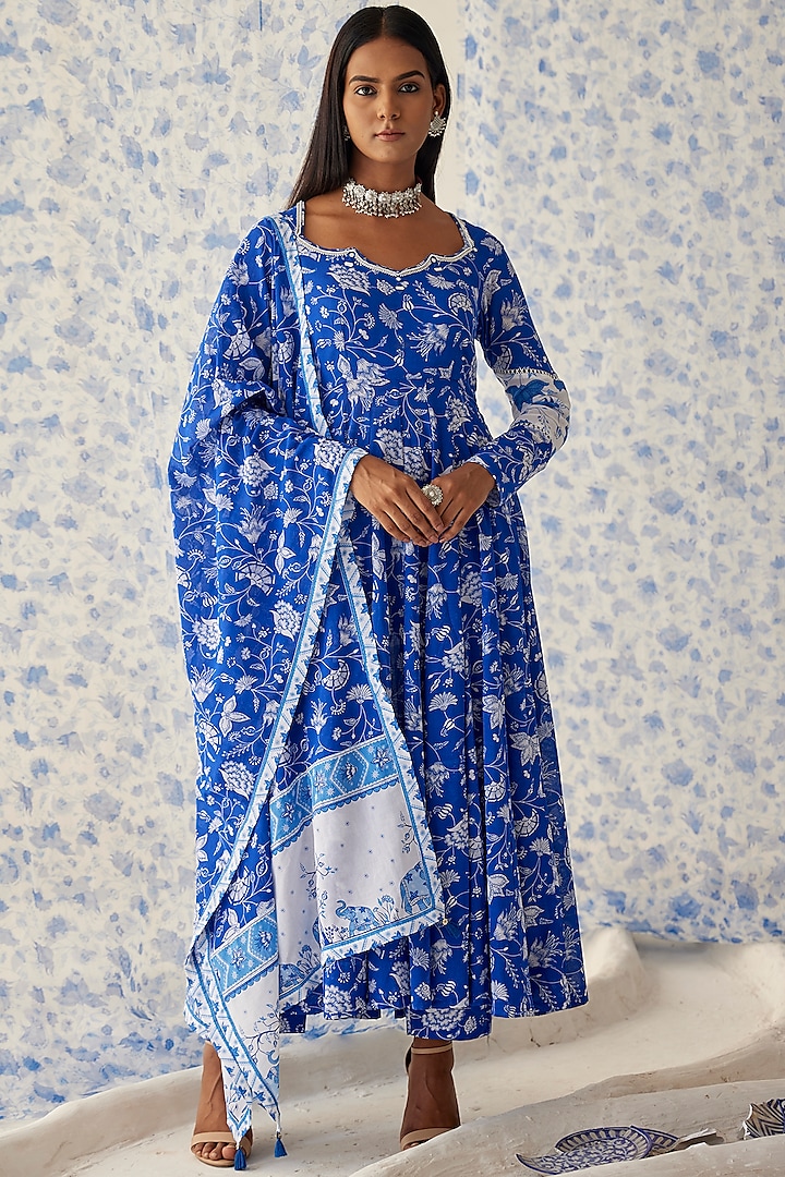 Blue Cotton Georgette Anarkali Set by Baise Gaba