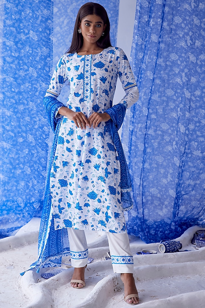 White & Blue Cotton Modal Kurta Set by Baise Gaba
