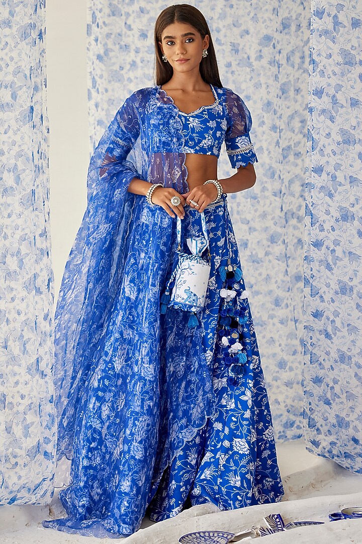 Blue Printed Wedding Lehenga Set by Baise Gaba at Pernia's Pop Up Shop