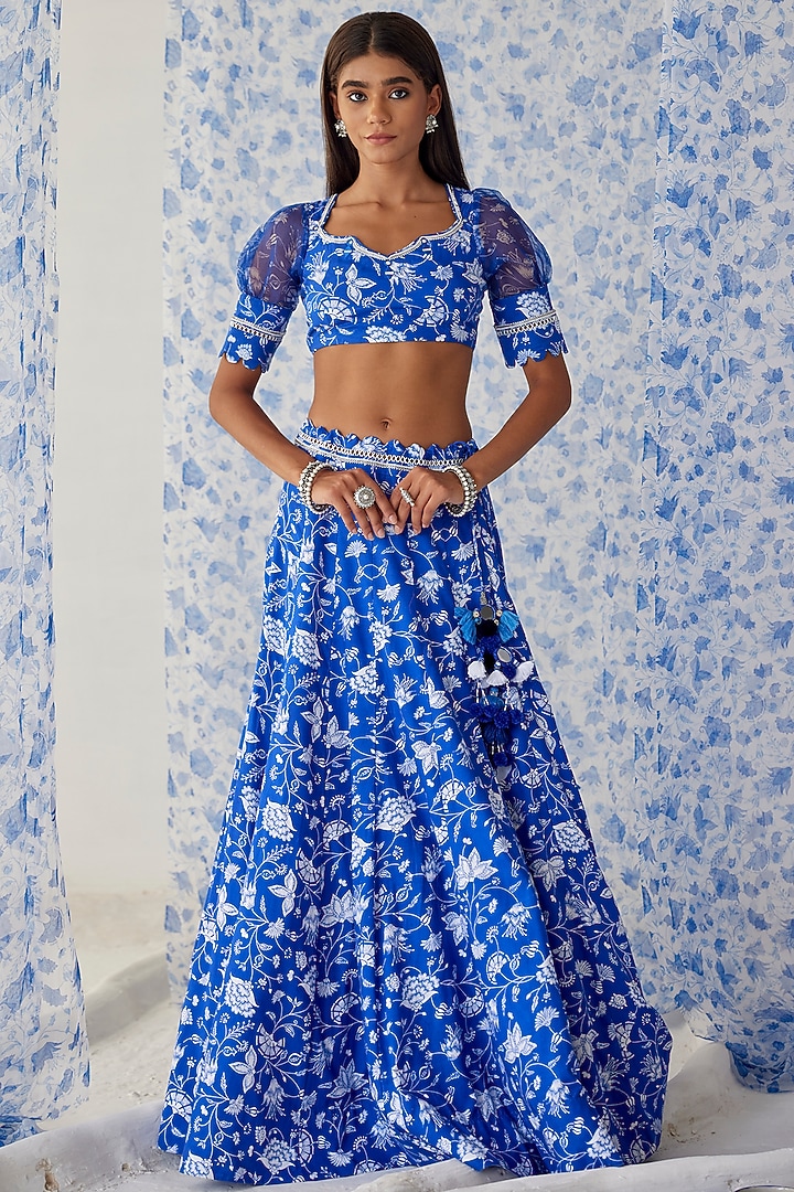 Blue Printed Wedding Lehenga Set by Baise Gaba at Pernia's Pop Up Shop