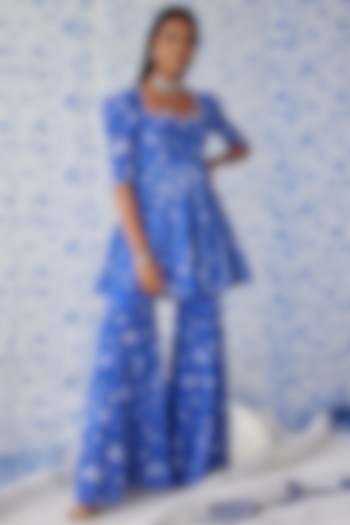 White & Blue Cotton Georgette Gharara Set by Baise Gaba at Pernia's Pop Up Shop