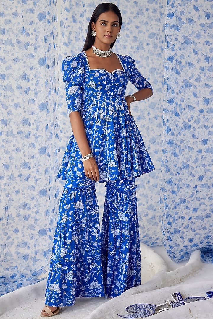 White & Blue Cotton Georgette Gharara Set by Baise Gaba at Pernia's Pop Up Shop