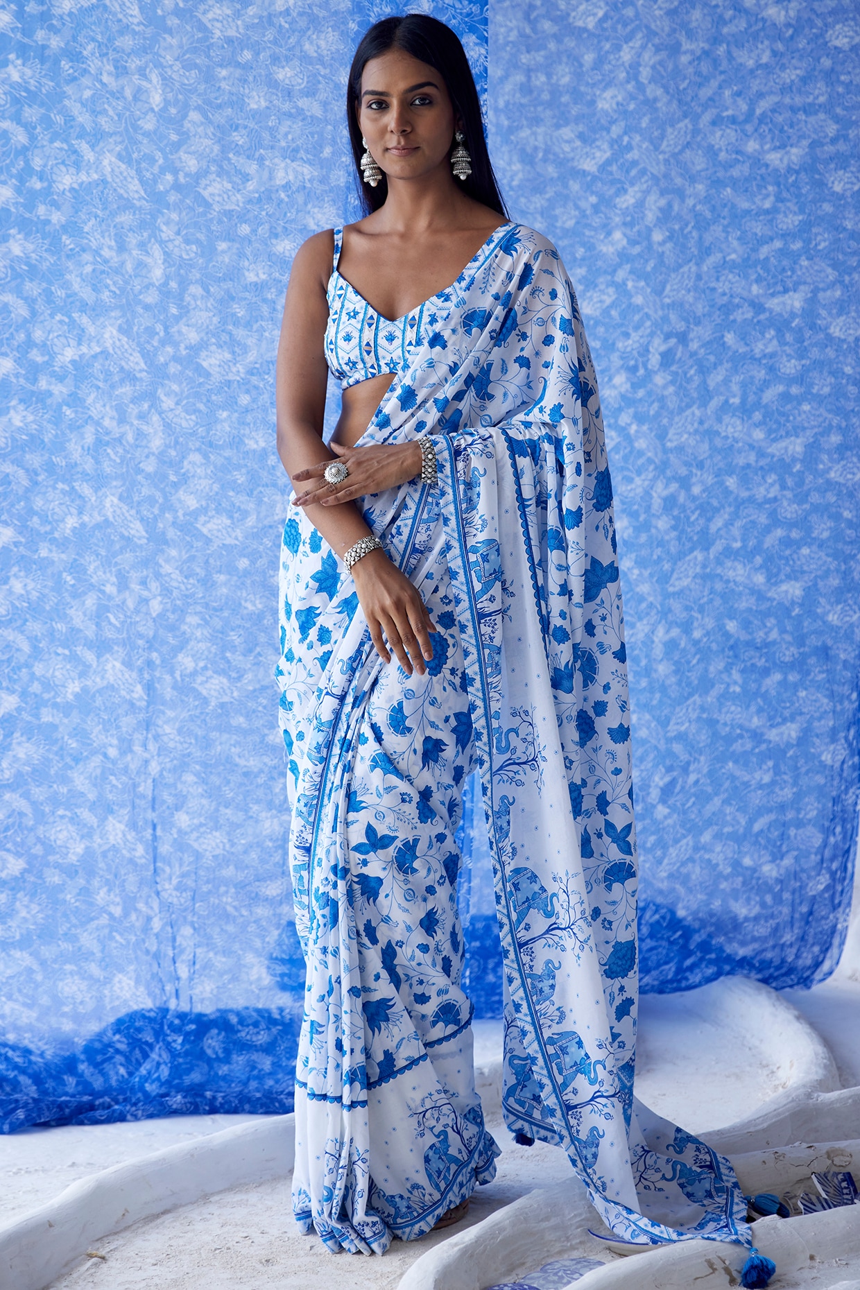 Blue & White Embroidered Half N Half Saree 5560SR02