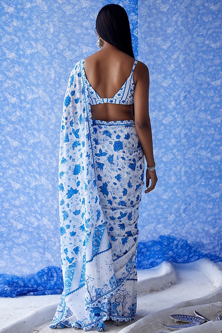 White & Blue Cotton Georgette Jaal Printed Festive Saree Set by Baise Gaba at Pernia's Pop Up Shop