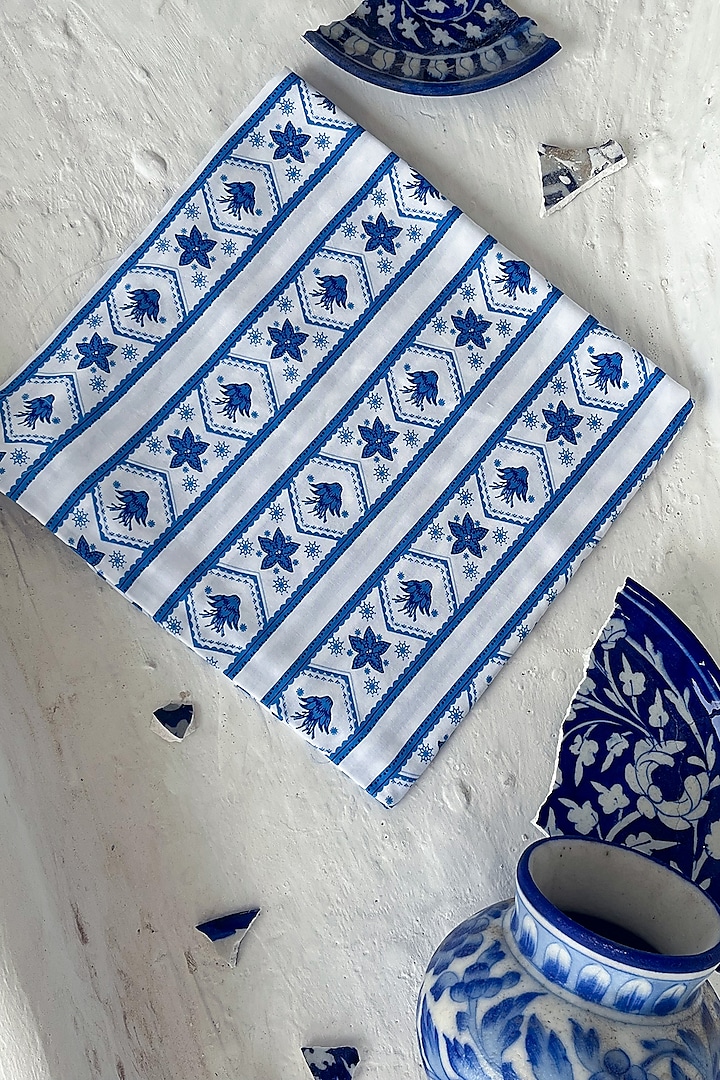 White & Blue Cotton Georgette Jaal Printed Festive Saree Set by Baise Gaba at Pernia's Pop Up Shop
