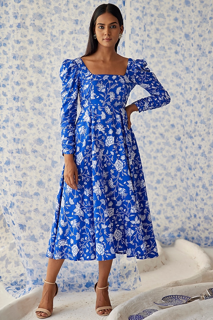 Blue Cotton Modal Midi Dress by Baise Gaba