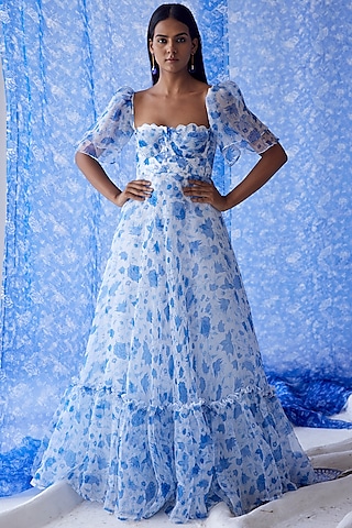 White & Blue Organza Dress by Baise Gaba