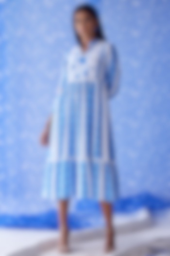 White & Blue Cotton Modal Long Dress by Baise Gaba