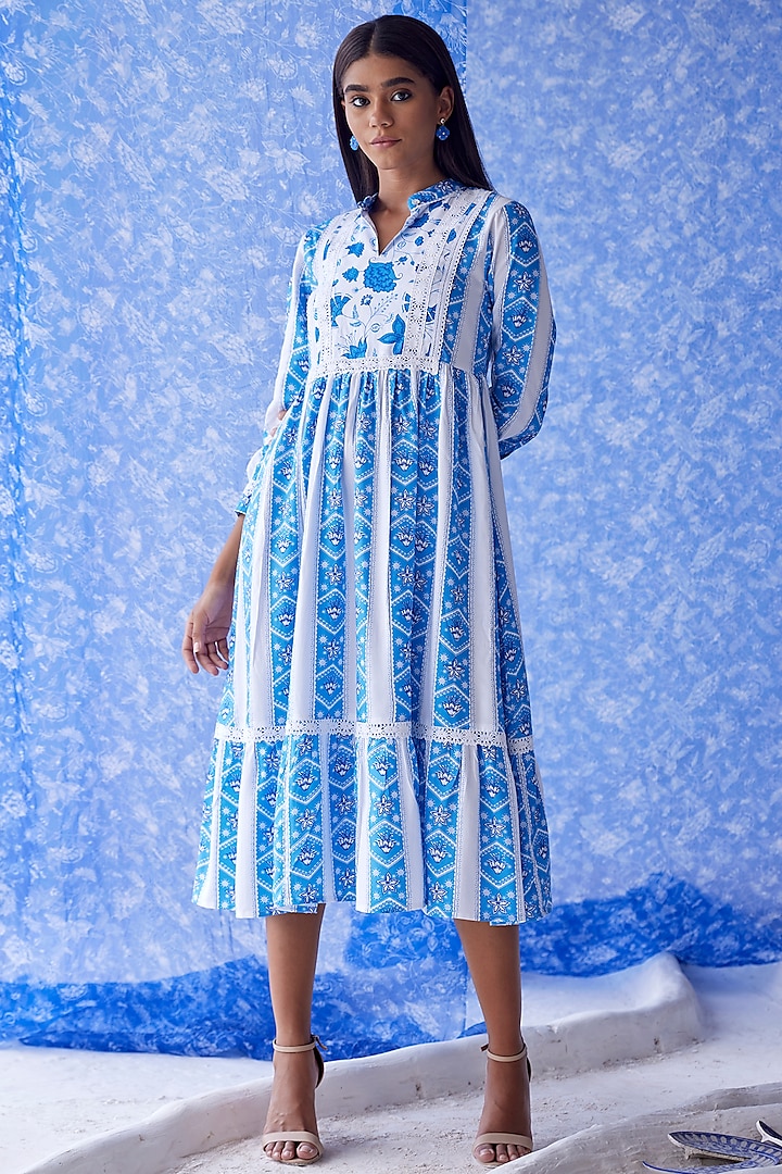 White & Blue Cotton Modal Long Dress by Baise Gaba