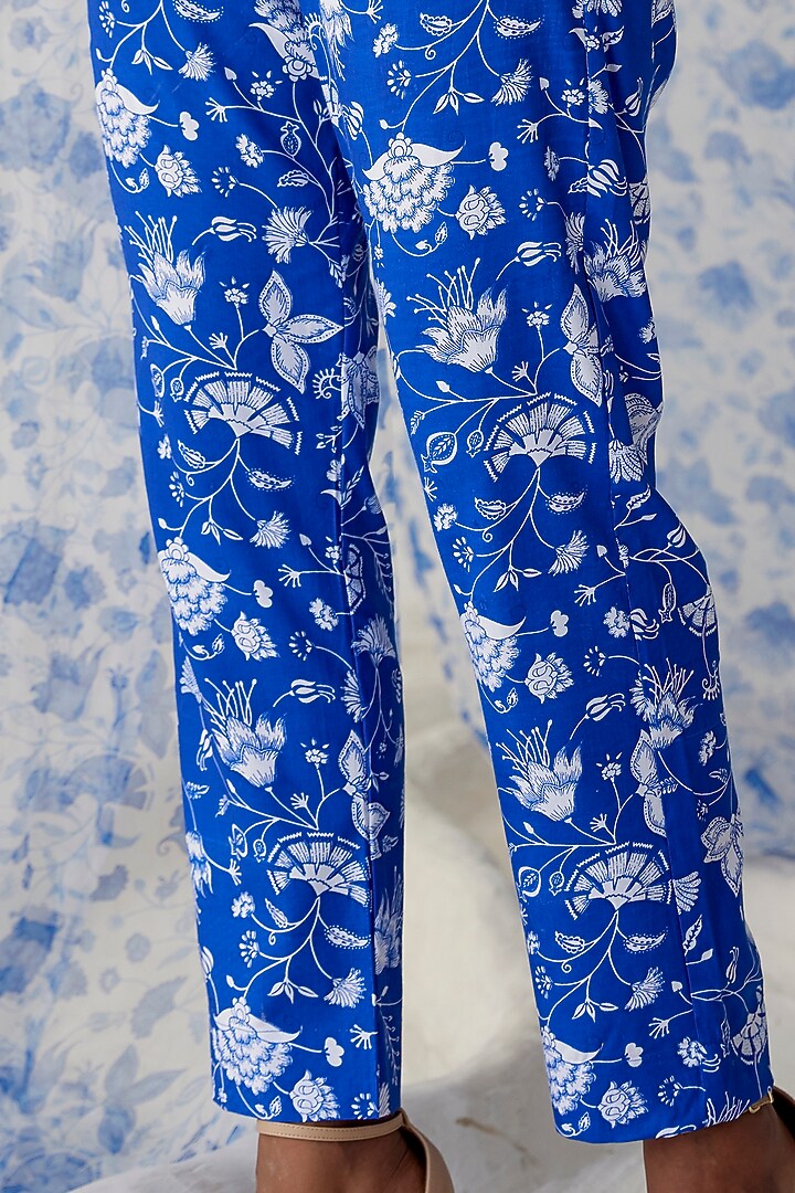 White & Blue Cotton Modal Straight Pants by Baise Gaba at Pernia's Pop Up Shop