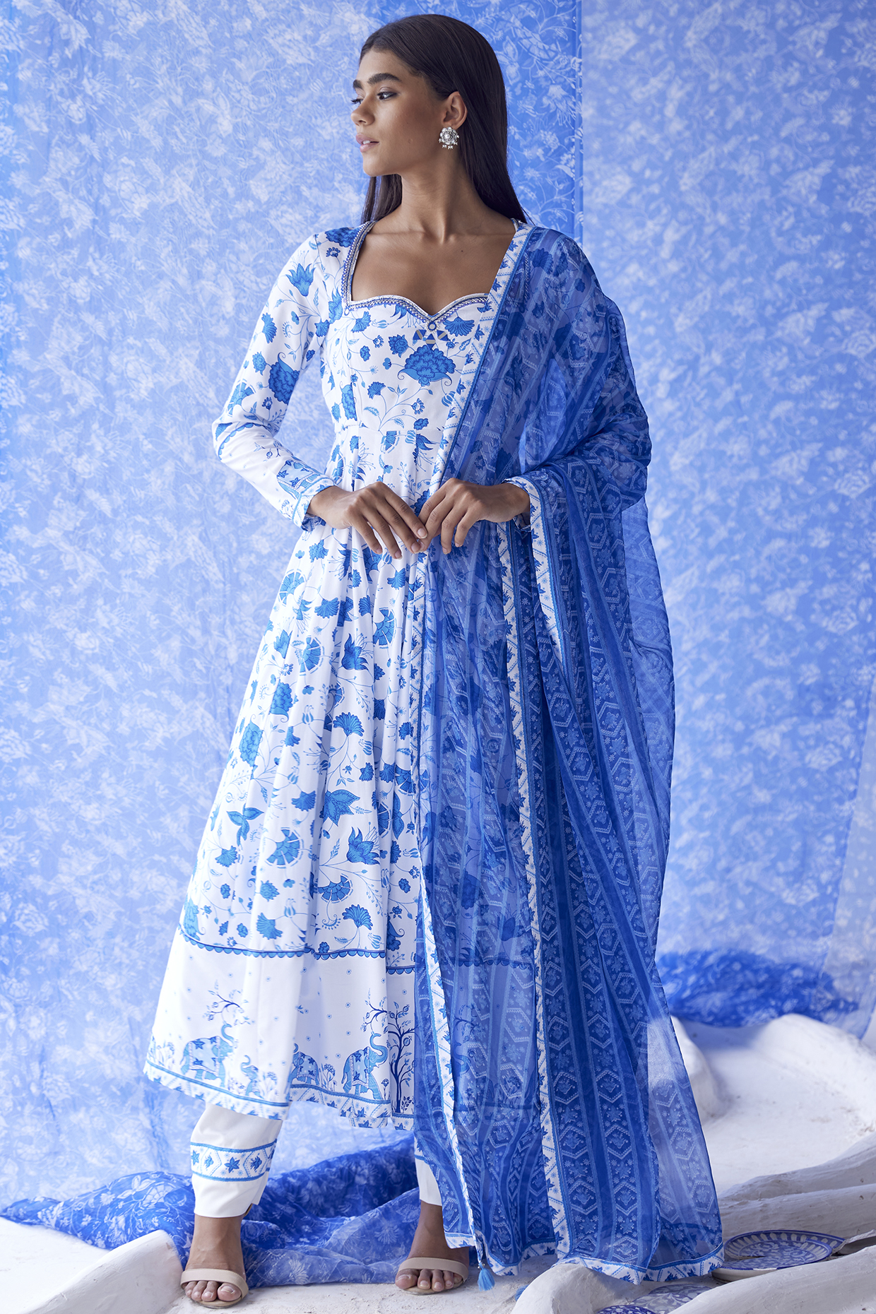 White & Blue Chiffon Printed Dupatta by Baise Gaba at Pernia's Pop Up Shop