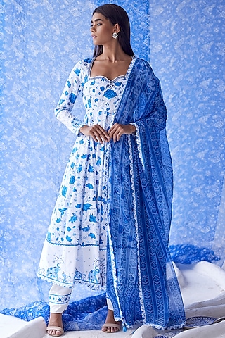 White & Blue Chiffon Printed Dupatta by Baise Gaba