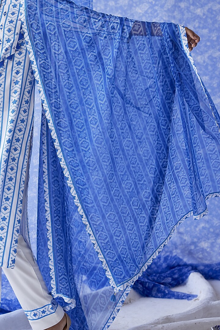White & Blue Chiffon Printed Dupatta by Baise Gaba at Pernia's Pop Up Shop
