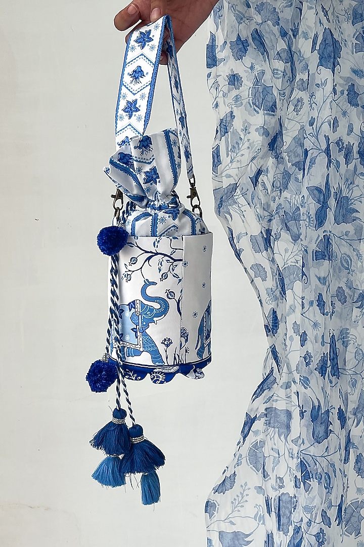 White & Blue Cotton Modal Duffle Potli by Baise Gaba at Pernia's Pop Up Shop