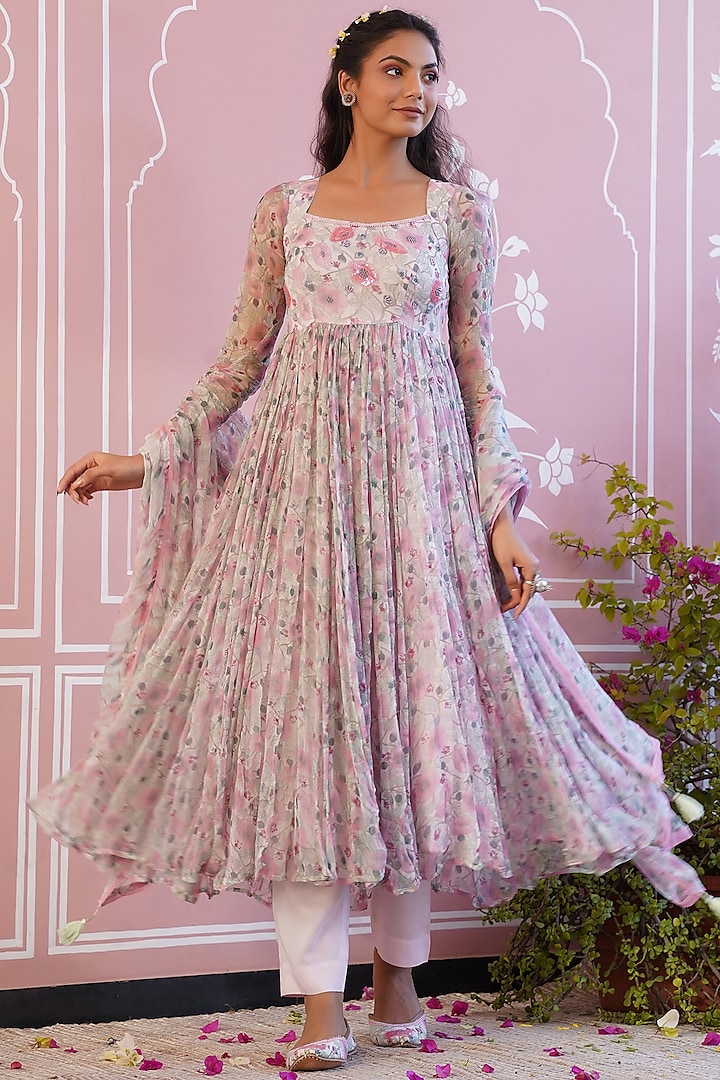 Pink & White Embroidered Anarkali by Baise Gaba