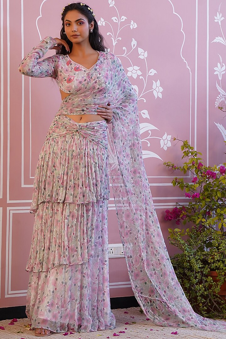 Pink & White Floral Print Festive Saree Set by Baise Gaba at Pernia's Pop Up Shop
