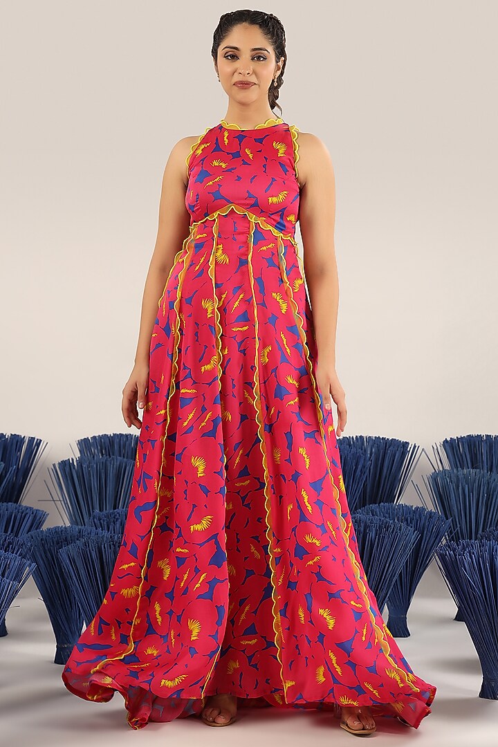 Pink Satin Organza Printed Summer Dress by Baise Gaba at Pernia's Pop Up Shop