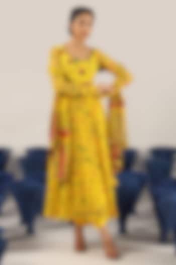 Yellow Chiffon Printed Anarkali by Baise Gaba at Pernia's Pop Up Shop