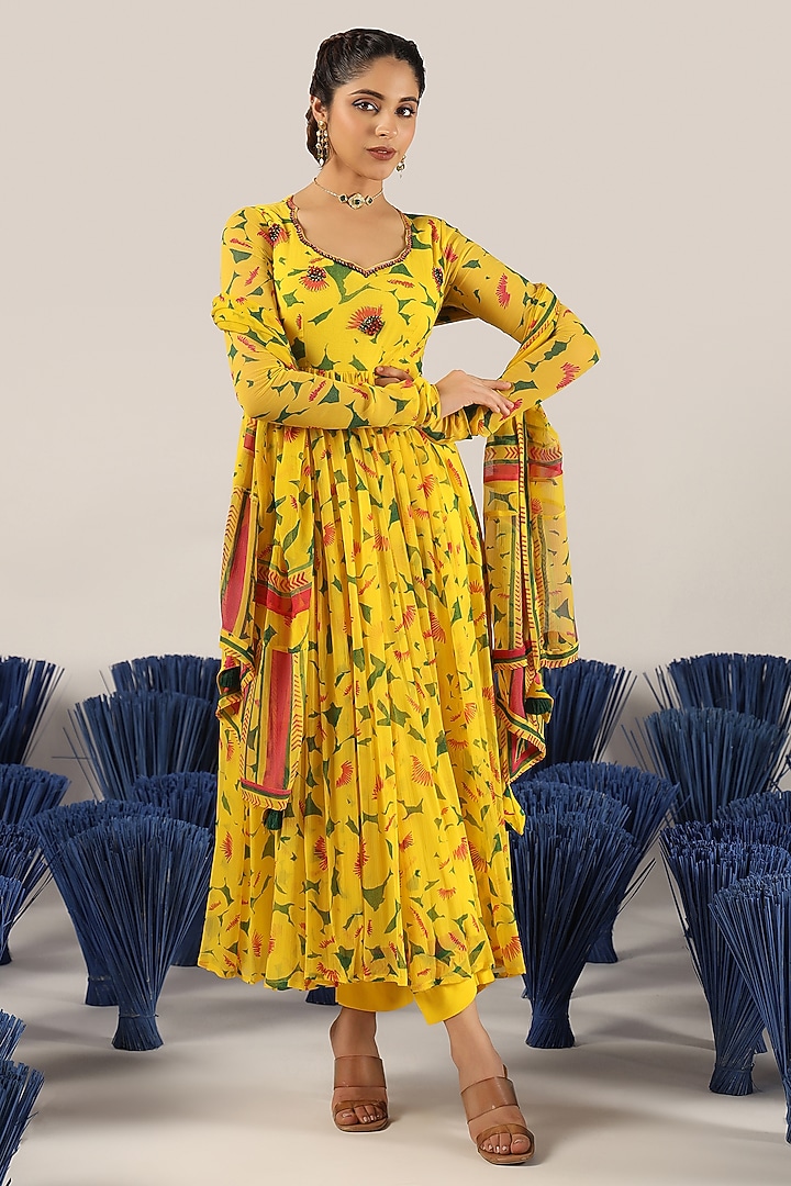 Yellow Chiffon Printed Anarkali by Baise Gaba at Pernia's Pop Up Shop