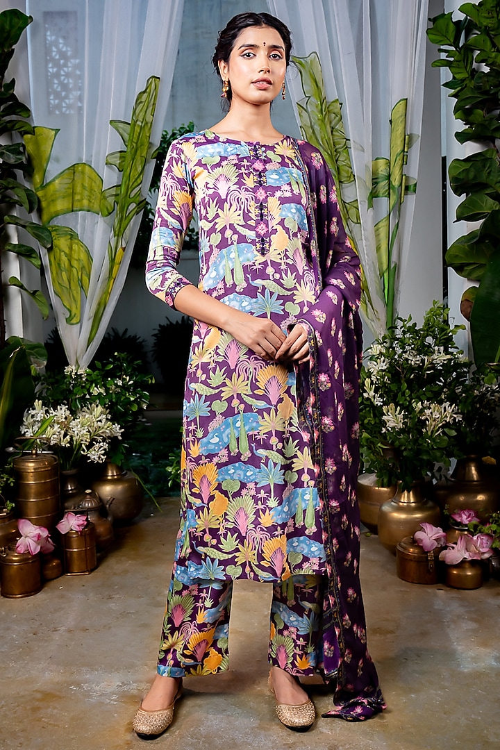 Purple Modal Satin Stripe Printed & Mirror Embroidered Straight Kurta Set by Baise Gaba